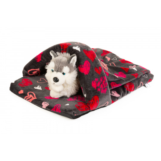 Pet bed - "slipper" gray/red hearts
