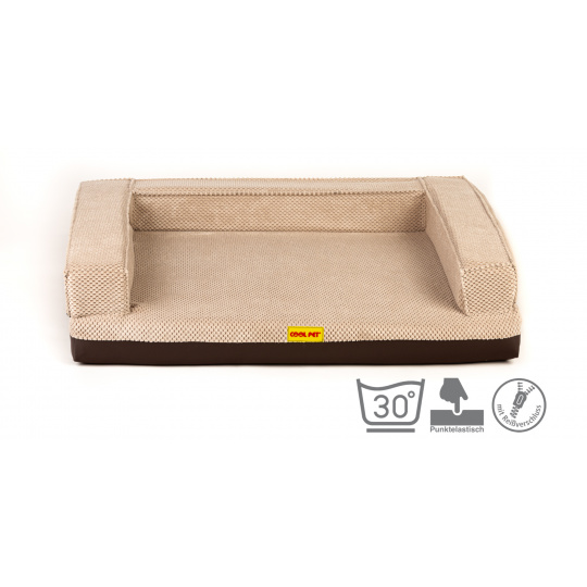 Orthopedic bed, padded edge - beige velour/brown eco leather